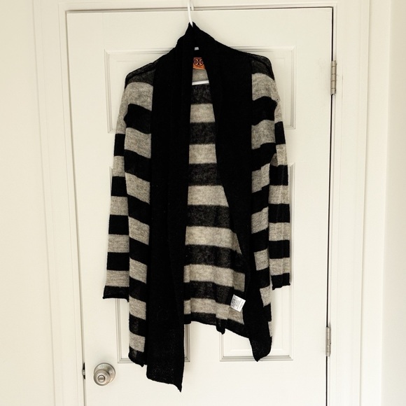 TORY BURCH cardigan size XS black grey striped wool alpaca shawl neck cozy - Picture 1 of 5